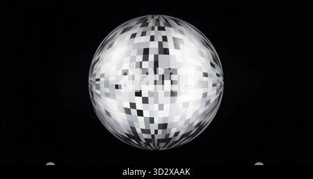 Floating pixelated sphere hovering in dark void, tiled in black white and grey square mosaic Stock Photo