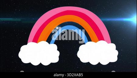 Floating cartoon rainbow connecting two white clouds in star field, with bright blue lens flare Stock Photo