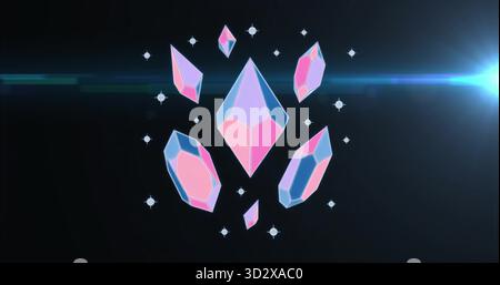 Floating seven faceted pink and lilac crystals glowing in dark digital void with star-like sparkles Stock Photo