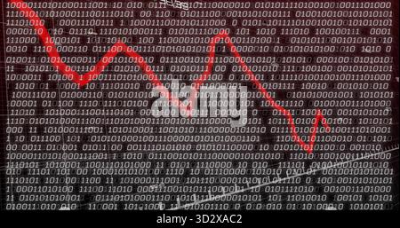 Displaying bold red zigzag arrow crossing grid of binary rows and columns, showing descending trend Stock Photo
