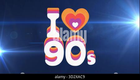 Displaying retro graphic featuring bold white I ? 90s on navy gradient, rainbow stripes Stock Photo