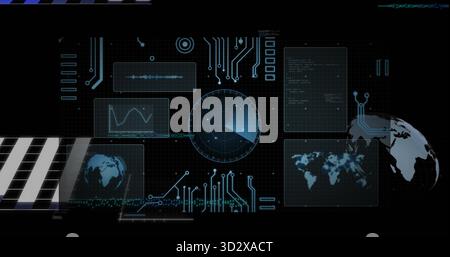 Displaying futuristic interface on control hub with radar dial, waveform monitor and code window Stock Photo