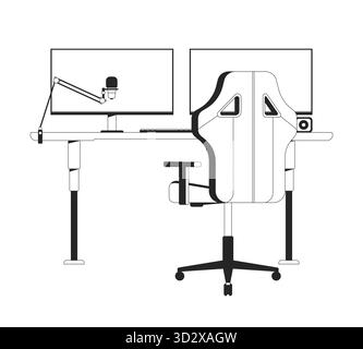 Dual monitor streaming desk setup 2D line object Stock Vector