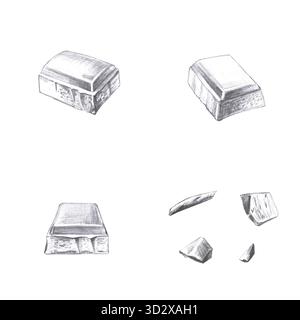 Set of chocolate bars and chocolate chips in pencil. Isolated illustration in realistic style on the theme of food for designing cafes and restaurant Stock Photo