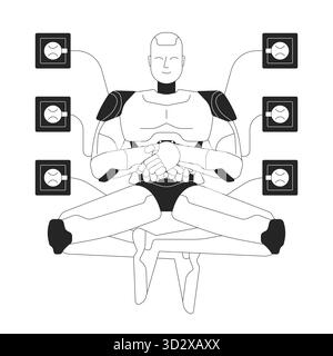 AI robot meditating while connected to power outlets 2D line character Stock Vector