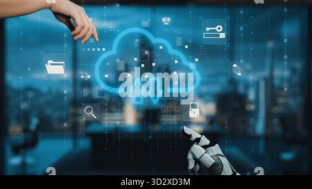 A captivating image showcasing a robotic hand interacting with a virtual cloud interface, symbolizing data transfer and security in a modern urban set Stock Photo