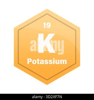 Potassium chemical element tile. Atomic number 19. K chemical sign. Orange yellow Vector hexagon. EPS 10. Stock Vector