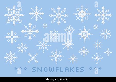 White Pixel Art Snowflakes. Isolated elements. Stock Vector