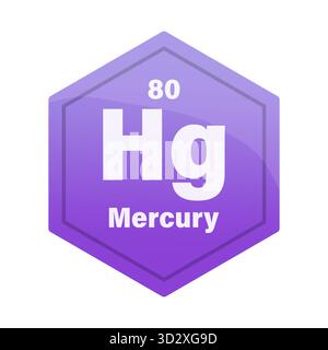 Mercury chemical element tile. Atomic number eighty. Hg sign Vector icon. Blue purple gradient hexagon. EPS 10. Stock Vector