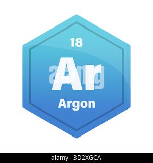 Argon chemical element tile. Atomic number 18. Ar chemical sign. Blue cyan Vector hexagon. EPS 10. Stock Vector