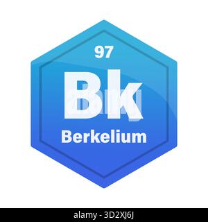 Berkelium chemical element tile. Atomic number ninety seven. Bk sign Vector icon. Deep blue gradient hexagon. EPS 10. Stock Vector