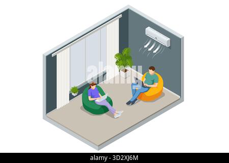 Isometric room with young people working on laptops under air conditioner. Concept of teamwork, comfort, and modern climate system. Stock Vector