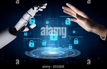 An AI assistant provides active network security by monitoring data encryption. This automated system ensures every online connection is private and p Stock Photo