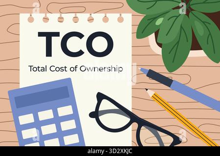 TCO Total Cost of Ownership concept; business and finance idea showing calculation of full investment cost, expenses, and long-term value- vector illu Stock Vector