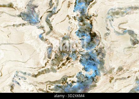Cream marble texture with bright blue cracks and veins, natural stone pattern Stock Photo