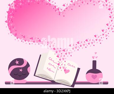 Magic love potion making with spell book. Space for text in heart shape with lots of glowing hearts. Template background for greeting or party invitat Stock Vector