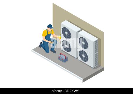 Isometric industrial air conditioning system with ventilation fans. Concept of HVAC technology, energy, and climate control. Technician with HVAC Stock Vector