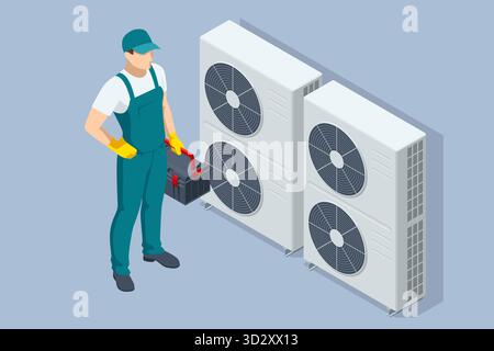 Isometric industrial air conditioning system with ventilation fans. Concept of HVAC technology, energy, and climate control. Technician with HVAC Stock Vector
