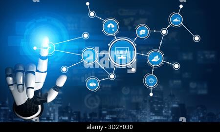A robotic hand interacts with a glowing digital interface, showcasing various data connections and symbols, emphasizing the fusion of technology and a Stock Photo