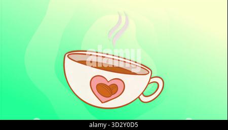 Steaming ceramic cup showing brown liquid on green yellow gradient, with pink heart and steam lines Stock Photo
