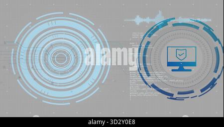 Hovering monitor icon shield-checkmark on greygrid backdrop with HUDs and data overlays, copy space Stock Photo