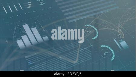 Displaying dashboard showing bar and line charts on teal grid, network diagram and radial gauges Stock Photo