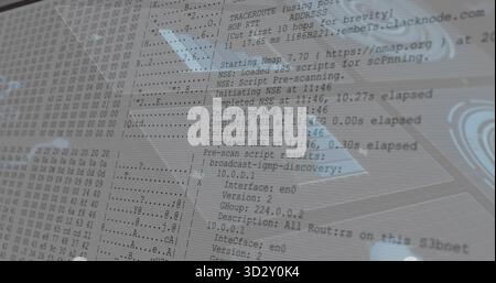 Displaying terminal window on computer monitor at workstation, with hex dump and Nmap scan logs Stock Photo