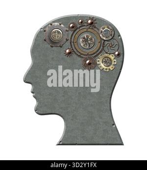 Steampunk style metal human's head and brain made of gear. Metallic man profile and vintage gears. Power Of Mind, psychology, mental health concept. I Stock Photo