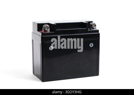 Black motorcycle battery isolated on white background. Accumulator battery Stock Photo