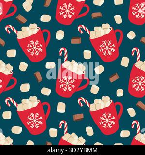 Christmas hot cocoa drink seamless pattern. Red cup of hot chocolate with marshmallows, chocolate and candy canes. Winter holiday repeat background. Stock Vector