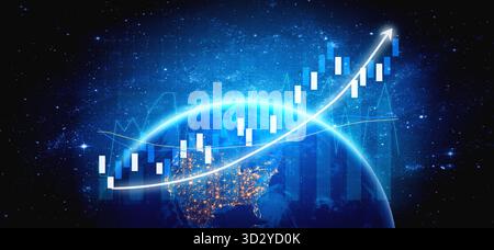This image illustrates a futuristic financial growth concept with a glowing upward trend over a digital globe, set against a cosmic backdrop. Impute Stock Photo