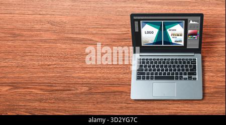 Graphic designer software for modern design of web page and commercial ads showing on the computer screen Stock Photo