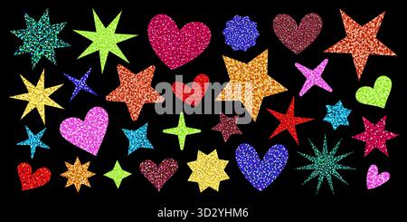 Glitter stickers set with stars and hearts in bright sequin textures. Sparkly vector shapes in red, gold, blue, green, and pink with confetti shine Stock Vector