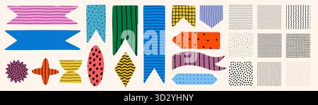 Pattern collection and colorful shapes, ribbons, decorated with stripes, dots, grids, and waves. Shapes and patterns with crayon and doodle texture Stock Vector