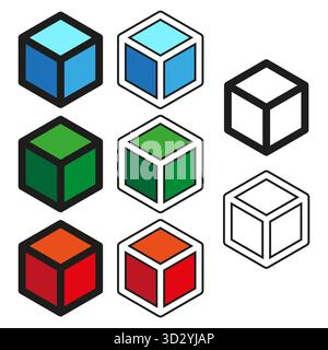 Geometric cube icons. Three dimensional symbol set. Colored outline Vector graphic. Object building element. EPS 10. Stock Vector