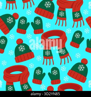Winter hats and mittens seamless pattern on blue background Stock Vector