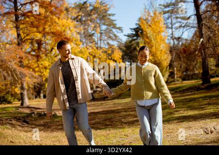 Young multiracial couple stroll hand in hand through a colorful autumn park, surrounded by golden leaves and bright sunshine. Stock Photo