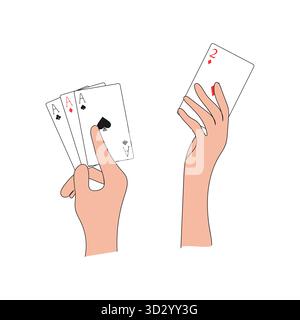 Hands holding playing cards. Winning and losing poker comparison. Vector illustration. Gambling, casino, poker, card game concepts. Stock Vector