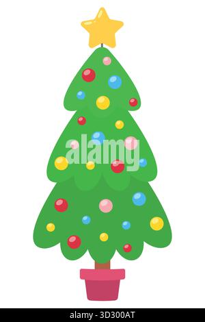 Decorated Christmas tree. Christmas design. Isolated background. Flat style vector illustration. Stock Vector