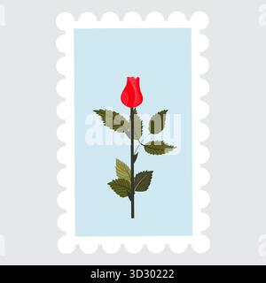 A postage stamp depicting a bright red rose bud on a stem. Vector illustration isolated on a gray background. Stock Vector