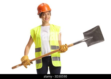 Female worker holding a shovel isolated on white background Stock Photo