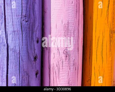 Detail of the grain, knots, and cracks in multicolored wood, highlighted by the sun. Stock Photo