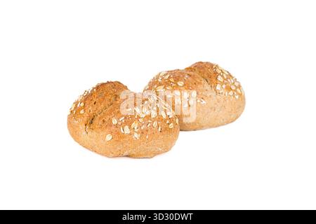 Crispy bread rolls with oat isolated on white background. Fresh crispy bread rolls. Two bread rolls on white. Stock Photo