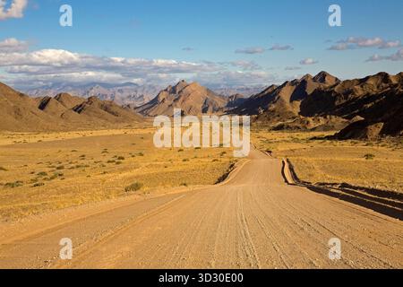 Gravel road C13 cuts through Namibia's remote Huib Plateau, flanked by rugged mountains and dry golden grassland. Stock Photo