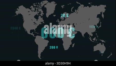 Displaying glowing teal 600 $ floating over gray world map on interface, with currency labels Stock Photo