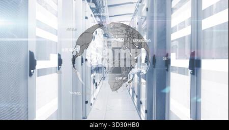 Floating 3D digital globe displaying data overlays in server room aisle, with racks, cable trays Stock Photo