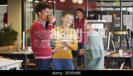 Sipping coffee, three coworkers discussing project in open-plan office, with floating UI elements Stock Photo