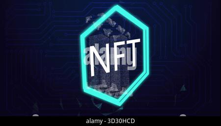 Displaying cyan hexagon showing NFT text in blockchain scene with floating pixels on circuit traces Stock Photo