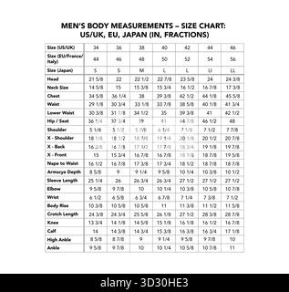 Male measurement US, UK chart with decimals, showing chest, waist, hip,  sleeve, shoulder, height in inches. Size guide for dressmaking, fashion  design, tailoring, standard clothing proportions for men Stock Vector Image  &