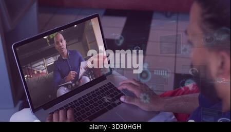 Man typing on laptop in home, with digital overlays and colleague holding tablet, copy space Stock Photo